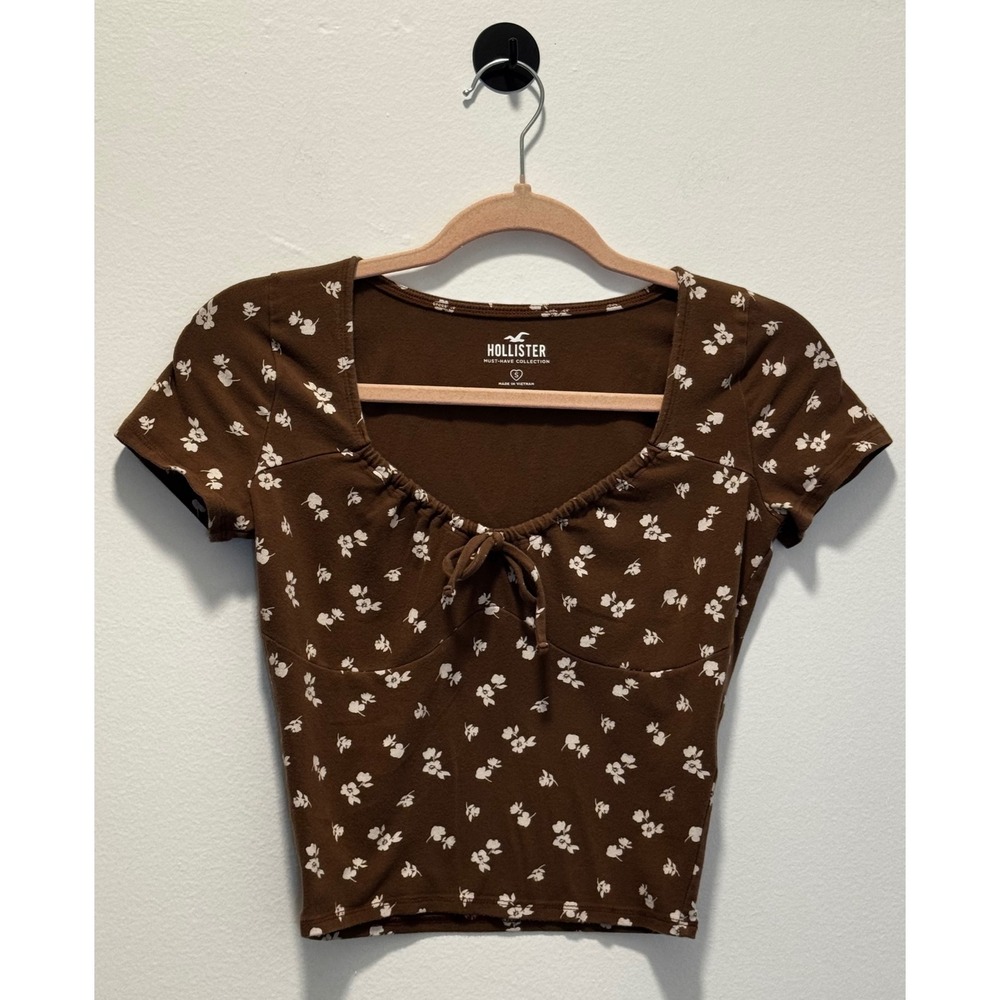 Y2K Hollister Brown Floral Cinched Bust Crop Top Sweetheart Neck S